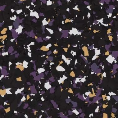 Dark speckled flooring with black, purple, white, and tan chips.