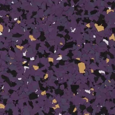 Purple, black, white, and gold speckled floor covering.