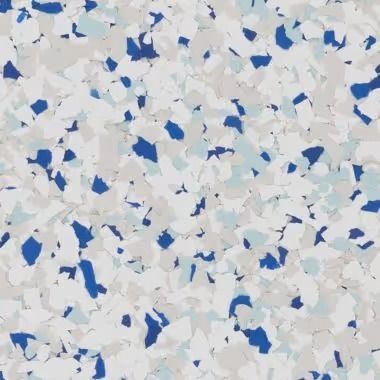 Blue, white, and gray speckled floor coating.