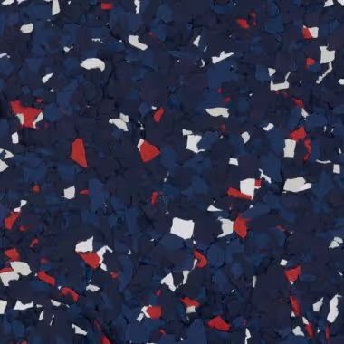 Blue, white, and red speckled floor coating.