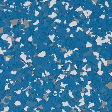 Blue, gray, and white speckled epoxy floor coating.
