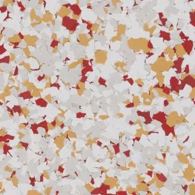 Speckled flooring pattern with red, yellow, and off-white chips.