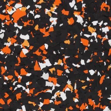 Black, orange, and white speckled flooring.
