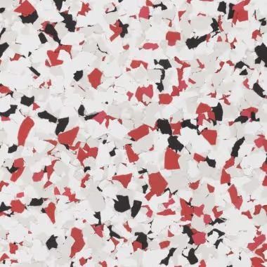 Terrazzo-style flooring with red, black, and white chips.
