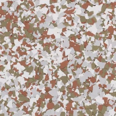 Close-up of a speckled floor coating, featuring a pattern of white, gray, brown, and reddish-brown flakes.