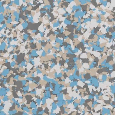 Floor surface with blue, gray, tan, and white speckled chips.