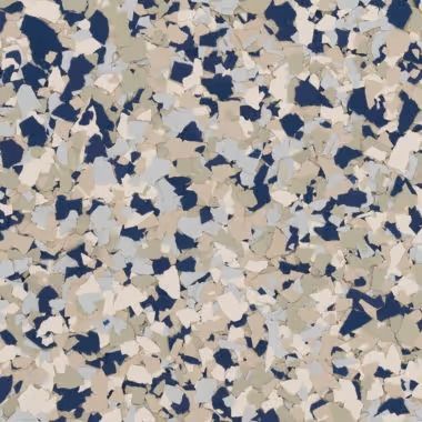 Multi-colored speckled floor with blue, gray, and beige chips.