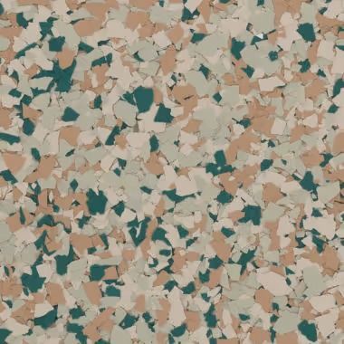 Terrazzo-style floor with teal, tan, and cream-colored chips.