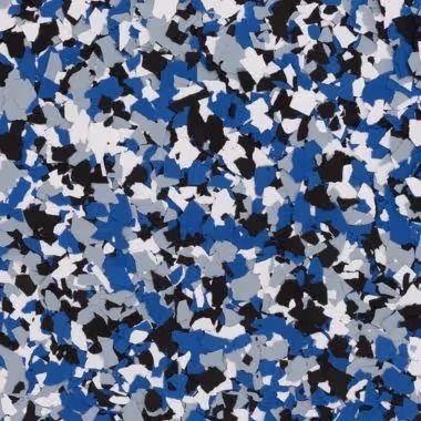 Blue, white, black, and gray epoxy floor flakes.