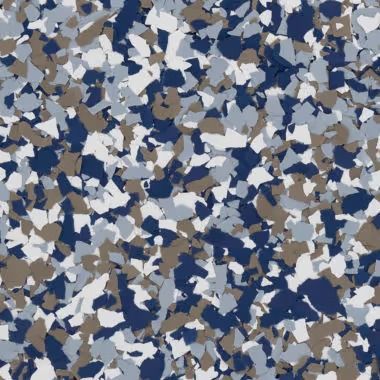 Close-up of a speckled floor pattern with blue, white, gray, and brown chips.