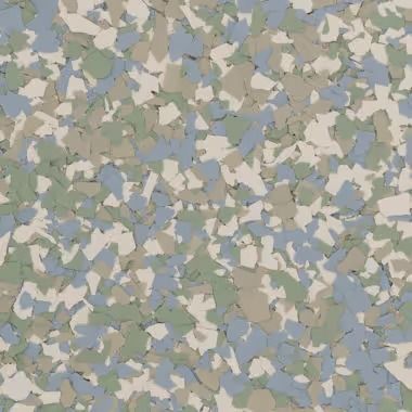 Speckled floor covering with light green, blue, tan, and cream-colored chips.