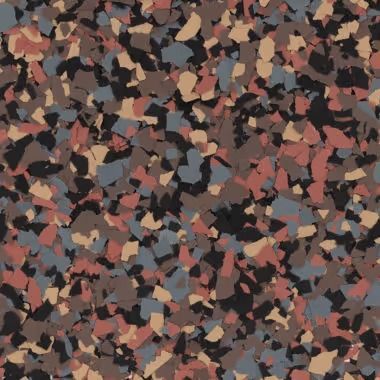 Terrazzo-style flooring with chips of black, brown, blue, beige, and red-orange.