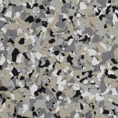 Speckled floor covering with gray, black, beige, and white chips.