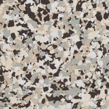 Speckled flooring pattern with beige, grey, and dark brown chips.
