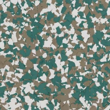 Speckled floor covering with teal, white, and brown flakes.