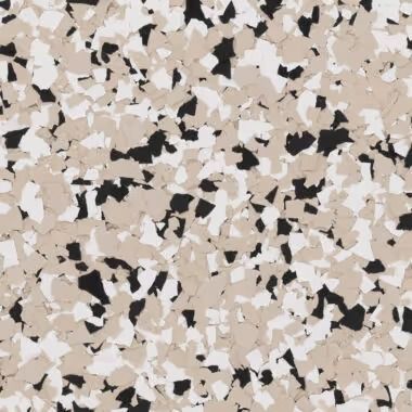 Beige, black, and white speckled epoxy flooring pattern.