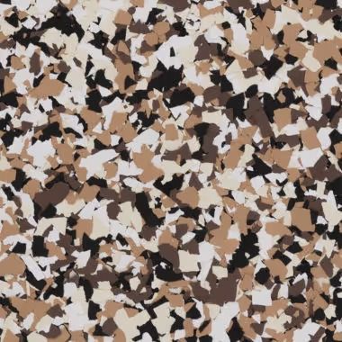 Terrazzo floor surface with tan, brown, black, and cream colored chips.