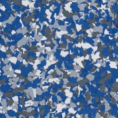 Blue, gray, and white speckled flooring.