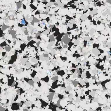 Speckled floor covering with white, gray, and black chips.