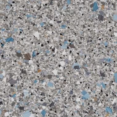 Gray speckled terrazzo surface with blue, white, and black flecks.