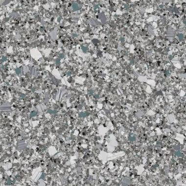 Gray speckled terrazzo floor pattern with flecks of black, white, and teal.