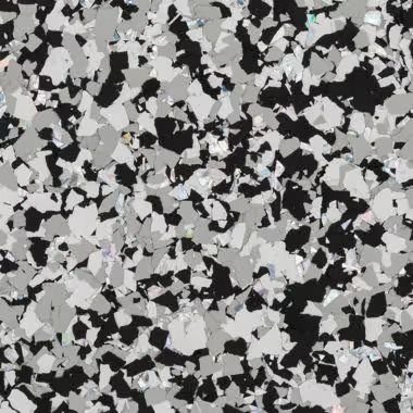 Close-up of a speckled floor coating in black, silver, and light gray.