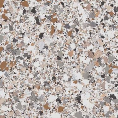 Speckled floor with light beige, brown, gray, and black chips.