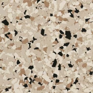 Speckled floor coating: tan, beige, brown, and black chips.