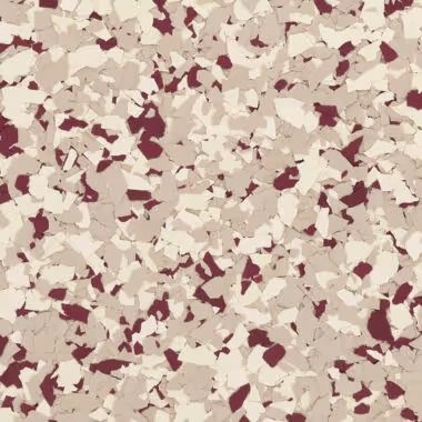 Speckled floor tile pattern with burgundy, beige, and tan color chips.