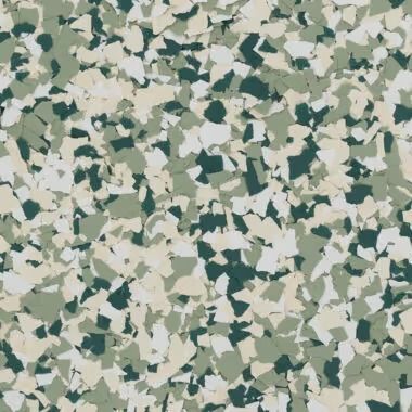 Terrazzo-style flooring with dark green, light green, and cream-colored chips.