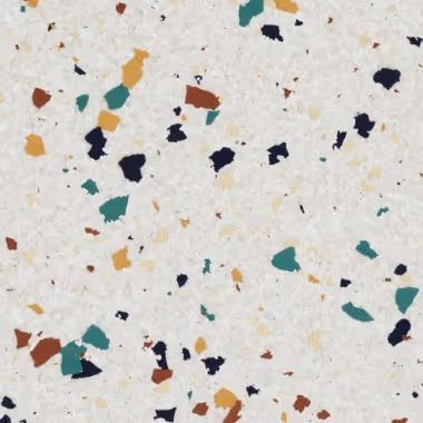 Terrazzo pattern with white background and colorful flecks of teal, navy, orange, and brown.