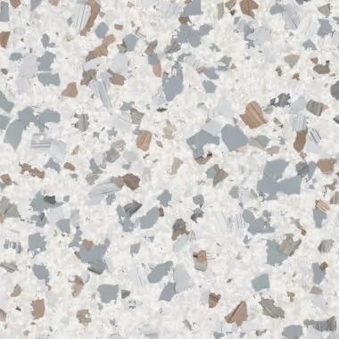 White terrazzo pattern with blue, gray, and brown aggregate.