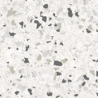 White terrazzo pattern with gray, beige, and dark gray chips.