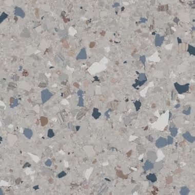 Grey terrazzo pattern with flecks of blue, white, and brown.