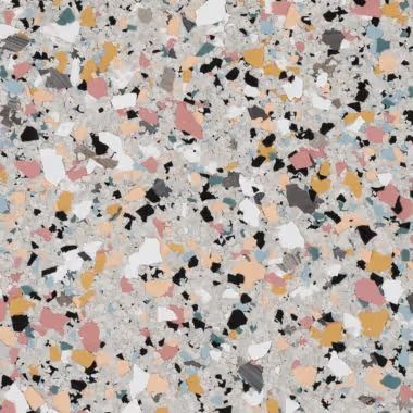 Gray terrazzo pattern with flecks of black, white, pink, yellow, and blue.