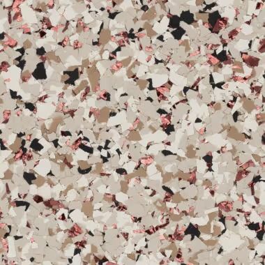 Granite-like floor coating with white, tan, black, and copper-colored chips.