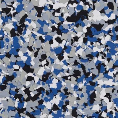 Floor coating with a speckled pattern in blue, black, gray, and white.