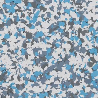 Floor with a pattern of white, blue, and gray chips.
