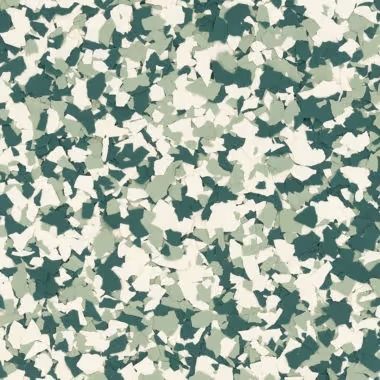 Camouflage-patterned flooring with white, green, and dark teal chips.