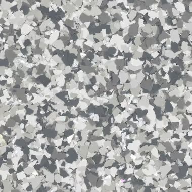 Gray and white epoxy floor coating with speckled chips.