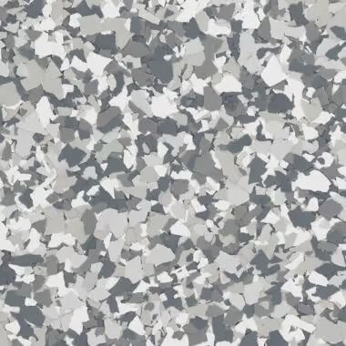 Gray and white epoxy floor coating with speckled, irregular patterns.