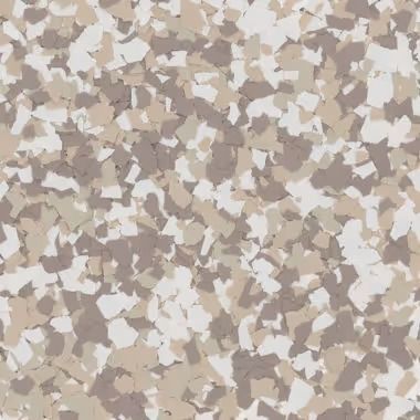Speckled epoxy flooring in shades of beige, brown, and white.