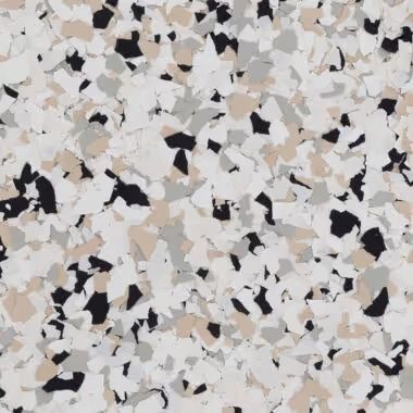 Close-up of a speckled flooring pattern in beige, gray, white, and black irregular shapes.