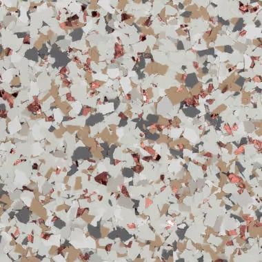 Speckled flooring with white, gray, beige, and copper-colored chips.