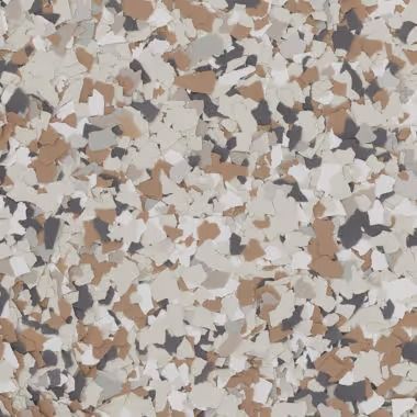 Speckled epoxy flooring with tan, gray, and white chips.