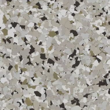 Speckled flooring with white, gray, brown, and black chips.