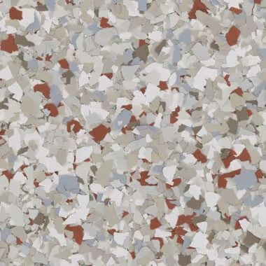 Floor with a speckled pattern in shades of gray, white, blue, and rusty red.