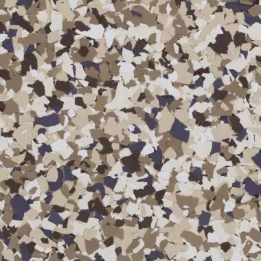 Flake flooring with a speckled pattern of tan, brown, white, and purple pieces.