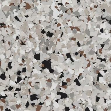 Gray, white, black, and brown speckled floor coating.
