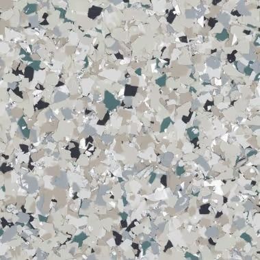 Speckled flooring pattern with white, gray, black, and teal chips.